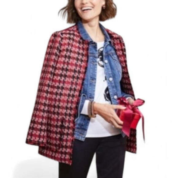 🌟 NWT Chico’s Red & Black Houndstooth Tweed Blazer Jacket Size Petite 12 Large - Picture 1 of 14